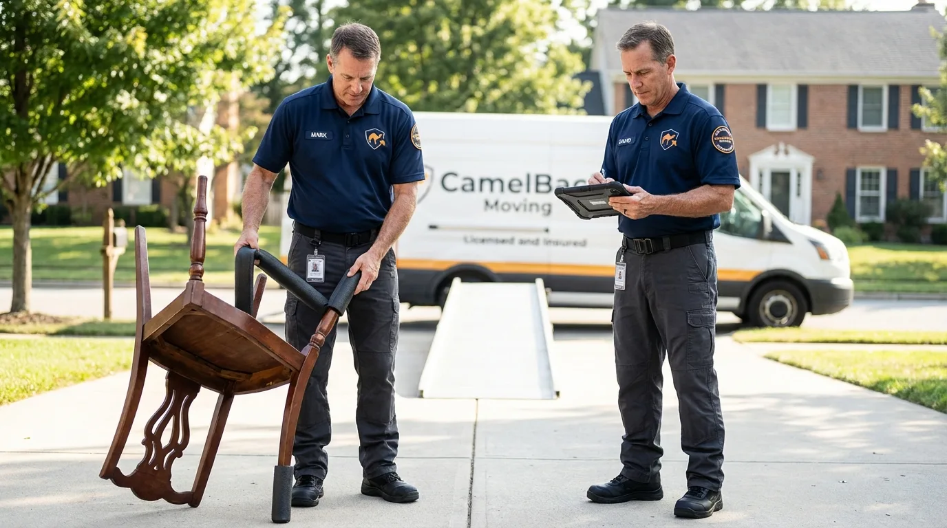 Movers inspecting furniture for damage prevention before loading in Balch Springs, TX