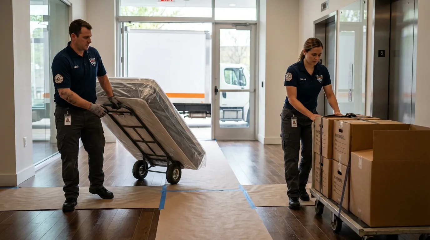 Professional apartment movers loading elevator in Balch Springs, TX