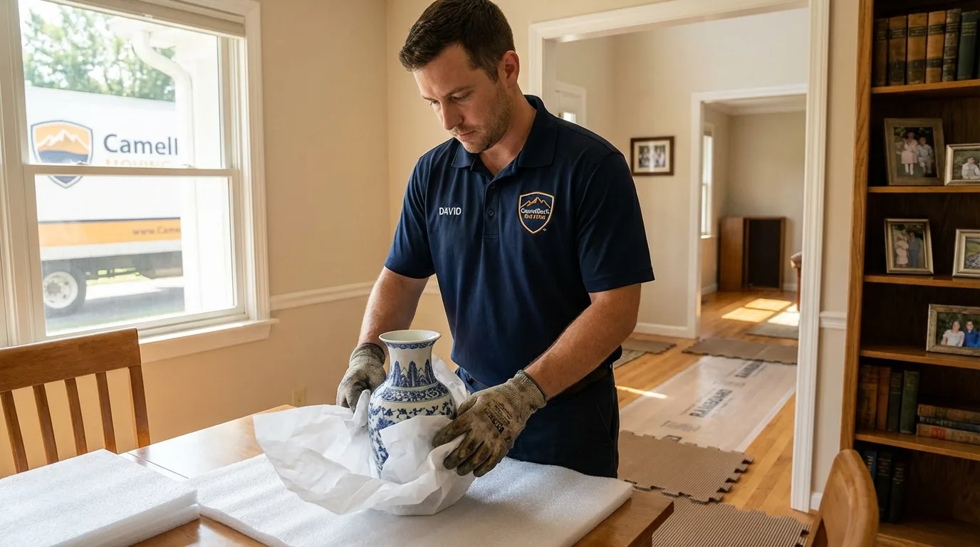 Professional crew carefully wrapping antique vase for senior downsizing move in Balch Springs, TX